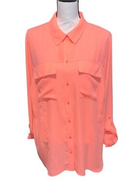 Neon Orange Long Sleeve Button Down Blouse Double Pockets Roll Tab Sleeves